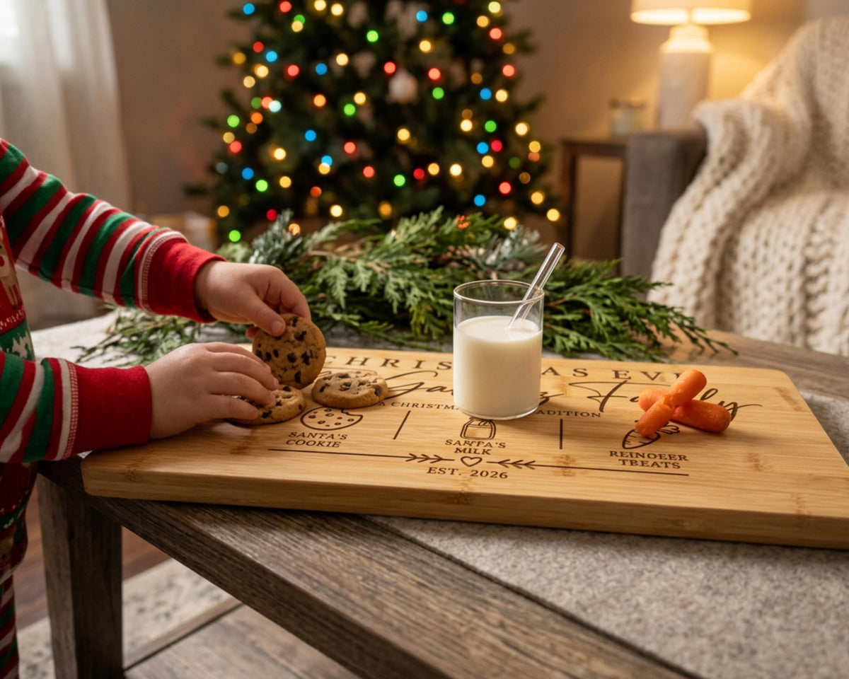 A child's hands are reaching for a cookie on a wooden cutting board with a glass of milk and a carrot, set against a backdrop of a decorated Christmas tree.