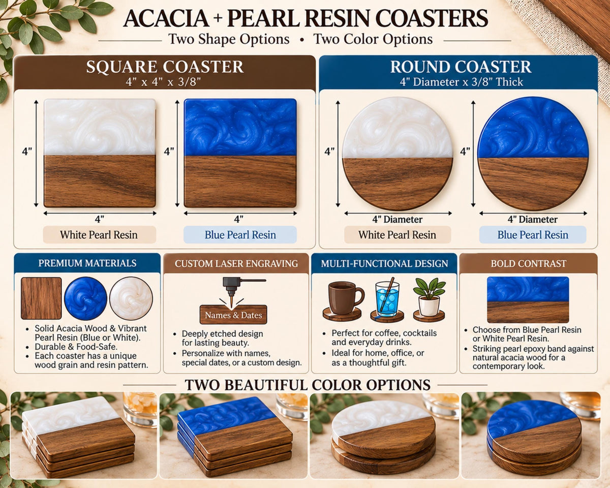 Comparison of square acacia and pearl resin coaster sizes and color options