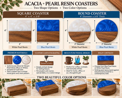 Comparison of square acacia and pearl resin coaster sizes and color options