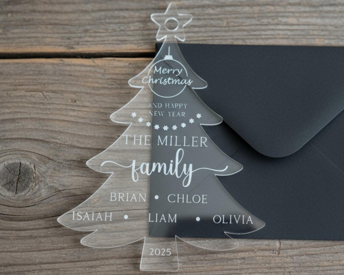 Clear acrylic Christmas card with engraved holiday message