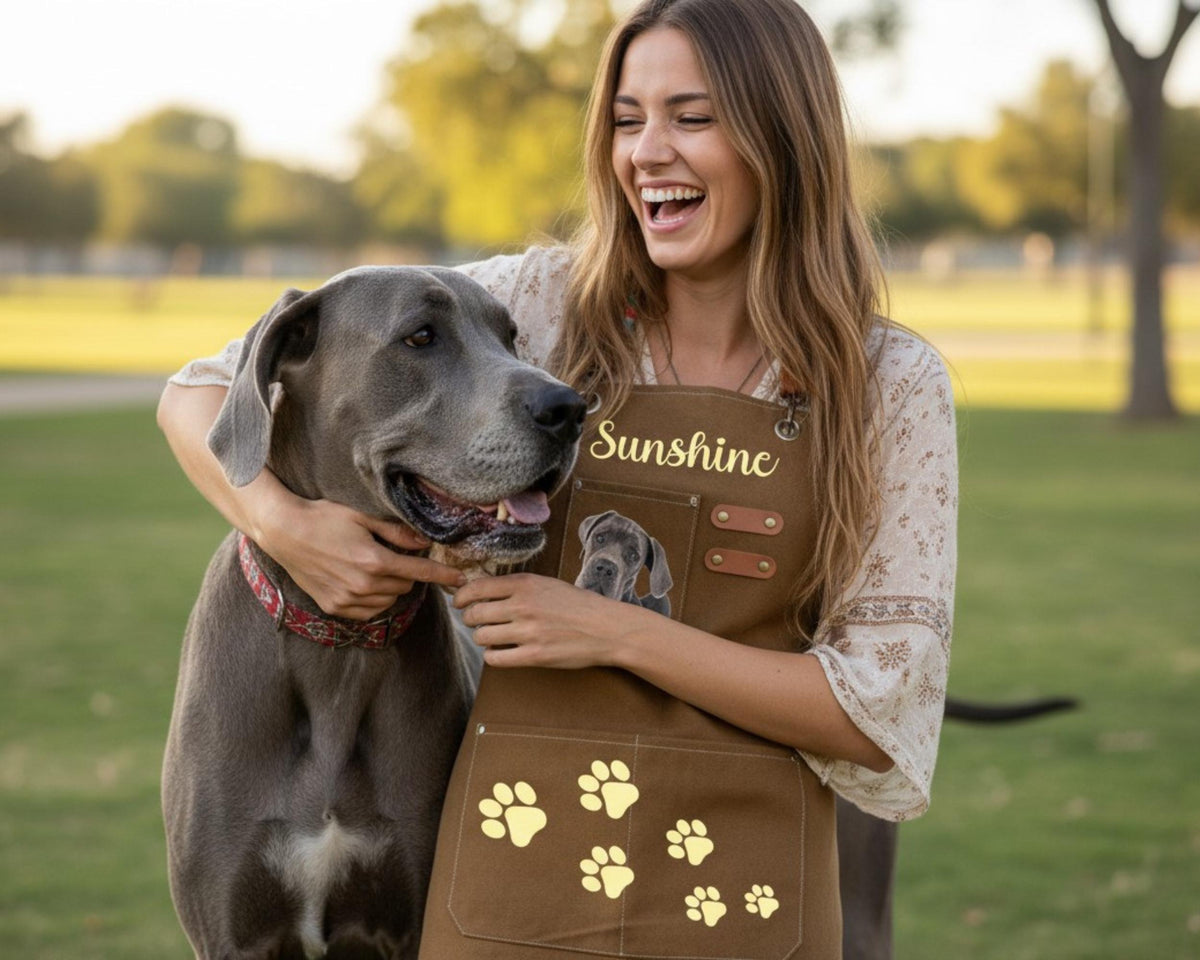 A woman in a brown apron with a dog in a park, both smiling and enjoying each other's company.