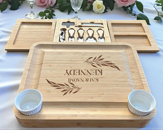 Personalized Bamboo Charcuterie Board with Utensils  Drawers  Luxury Wedding Gift for Couples