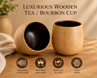 two wooden cups, one with a lid and the other without, placed on a wooden surface. The cups appear to be made of high-quality, luxurious wood material, and they are described as having a unique texture and a better flavor preservation.