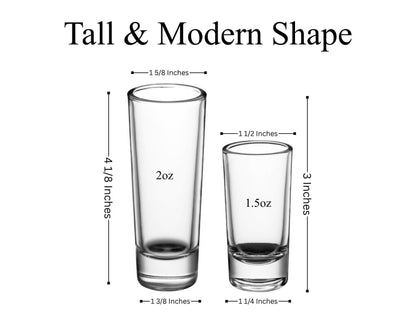 two different-sized shot glasses, one tall and one small, with measurements provided.