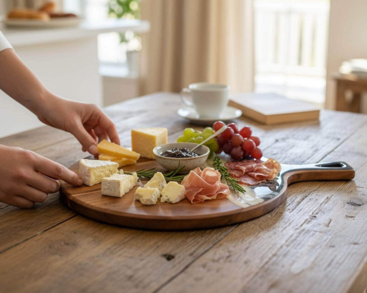 A person's hands are reaching for a piece of cheese on a wooden platter, which is filled with various types of cheese, grapes, and other appetizers.
