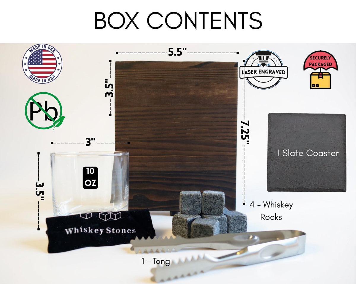 a collection of items related to whiskey, including a box, a glass, whiskey stones, tongs, and a slate coaster. The box contains whiskey, whiskey stones, and a slate coaster. The glass is described as a whiskey glass, and the whiskey stones are described as whiskey rocks. The image also includes various logos and measurements, such as "Made in USA", "3.5", "5.5", and "7.25".