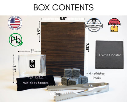 a collection of items related to whiskey, including a box, a glass, whiskey stones, tongs, and a slate coaster. The box contains whiskey, whiskey stones, and a slate coaster. The glass is described as a whiskey glass, and the whiskey stones are described as whiskey rocks. The image also includes various logos and measurements, such as "Made in USA", "3.5", "5.5", and "7.25".
