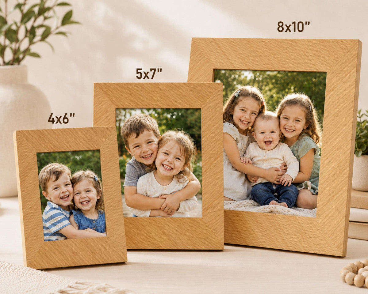 three wooden picture frames, each containing a different family photo. The first frame is 5'7" in size, the second frame is 5'x7" in size, and the third frame is 8'x10" in size. The family photos in the frames capture happy moments of the children and the adults in the family.
