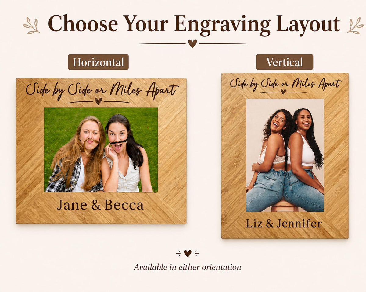 two different types of wooden photo frames, each featuring a photo of two women posing together. The frames are labeled with the names of the women in the photos, Jane and Becca, and are available in both horizontal and vertical orientations.