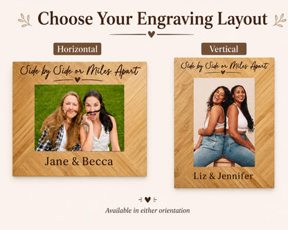 two different types of wooden photo frames, each featuring a photo of two women posing together. The frames are labeled with the names of the women in the photos, Jane and Becca, and are available in both horizontal and vertical orientations.