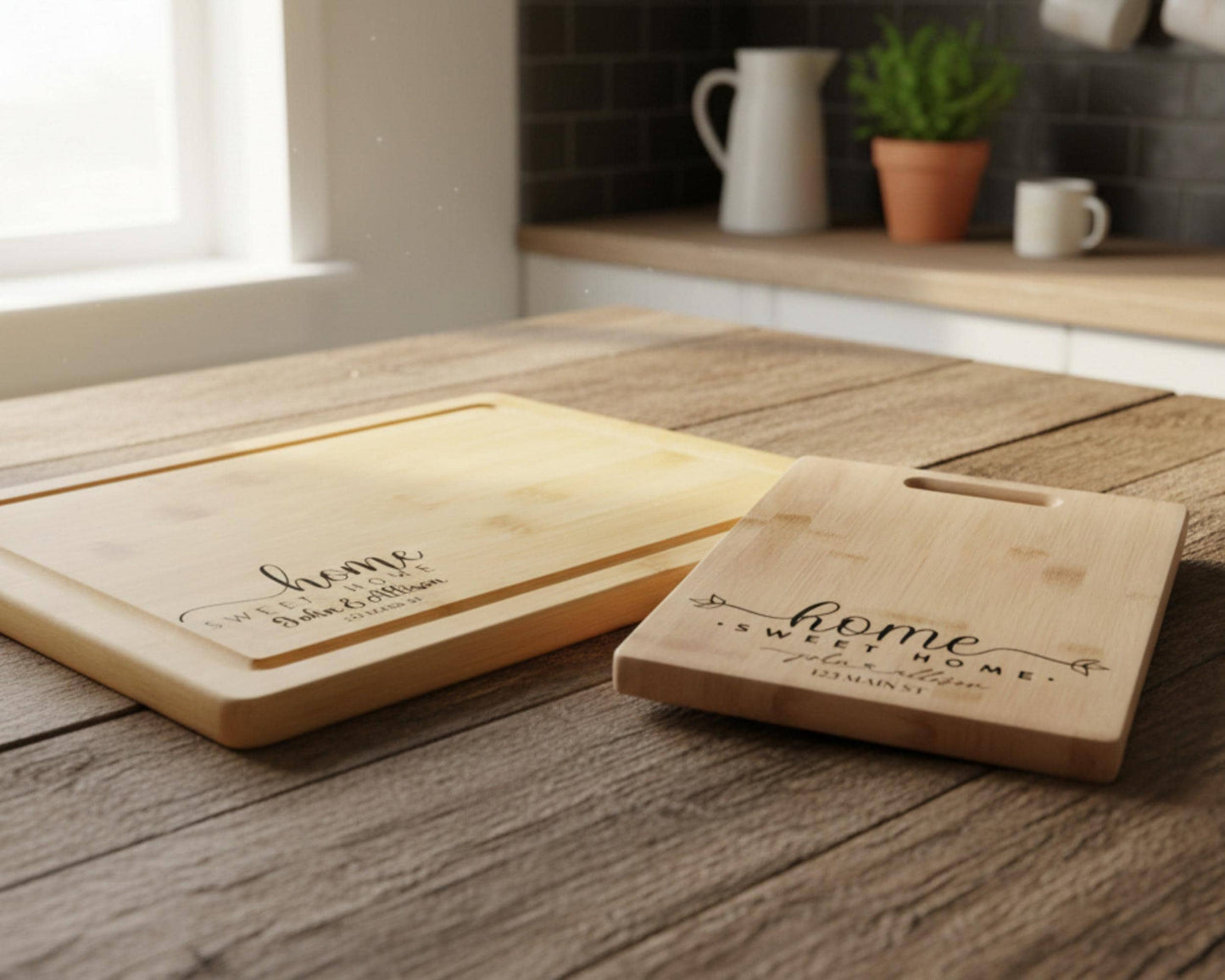 two wooden cutting boards with the text "home sweet home" engraved on them, placed on a wooden table.