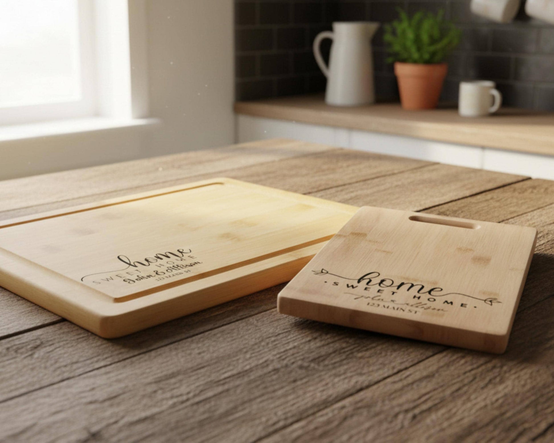 two wooden cutting boards with the text "home sweet home" engraved on them, placed on a wooden table.