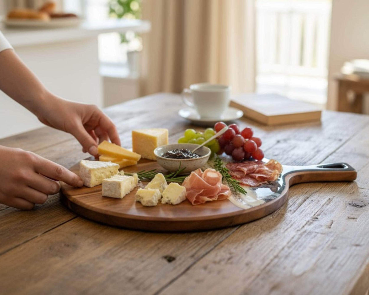 A person's hands are reaching for a piece of cheese on a wooden platter, which is filled with various types of cheese, grapes, and other appetizers.