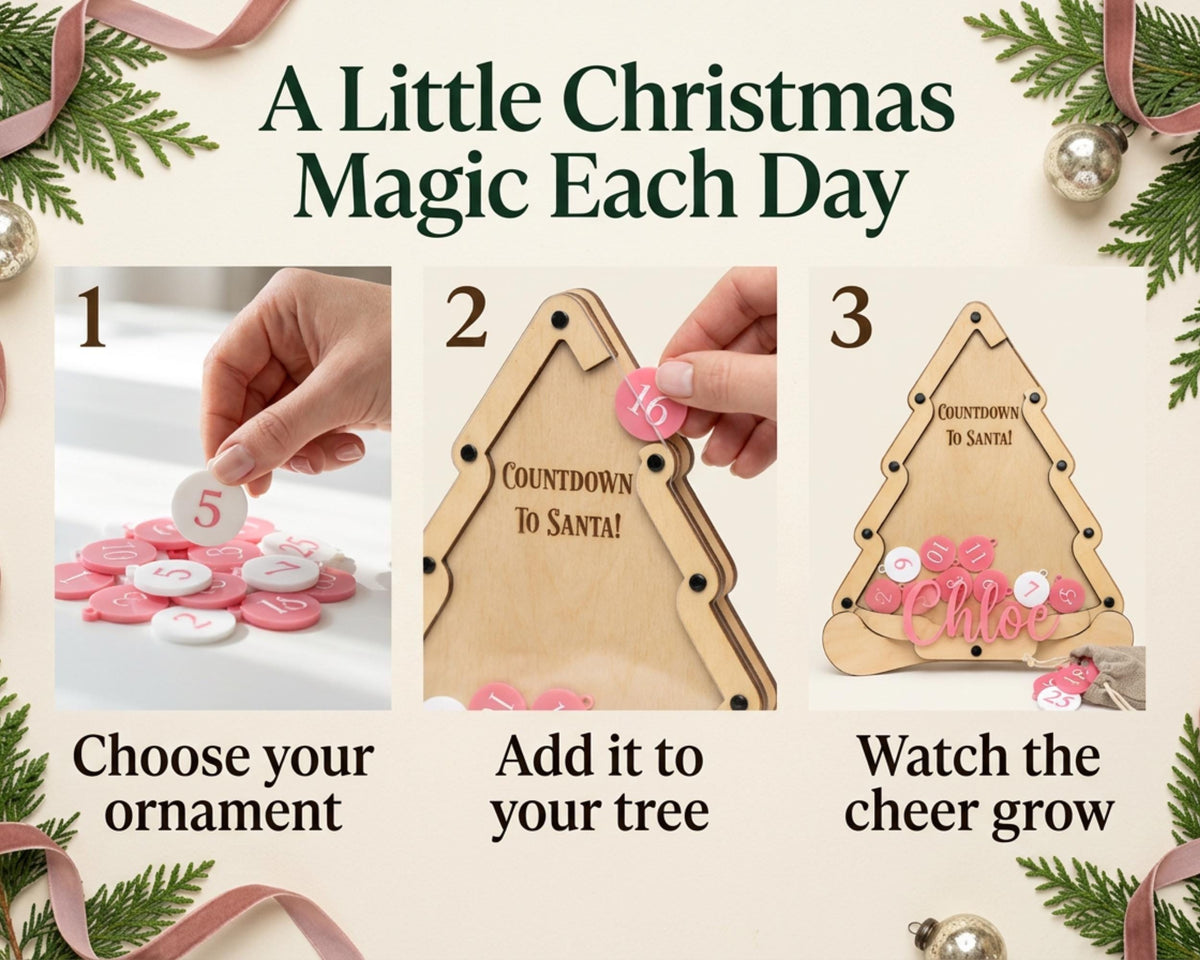 The image is a step-by-step guide on how to create a Christmas tree ornament using a wooden frame and pink ornaments. It shows the process of choosing an ornament, adding it to the tree, and watching the cheer grow.