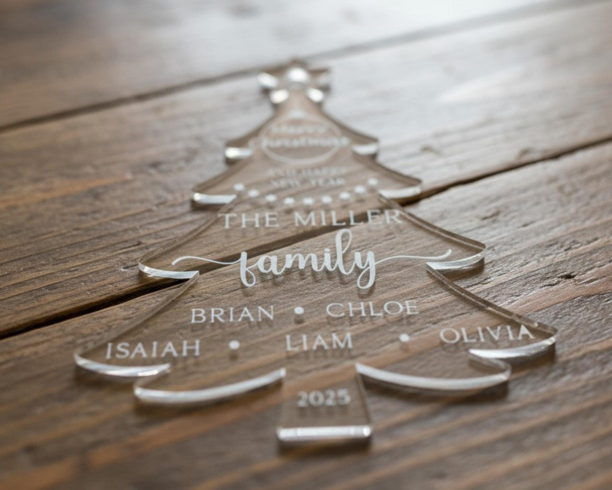 Laser-engraved acrylic holiday card featuring family name