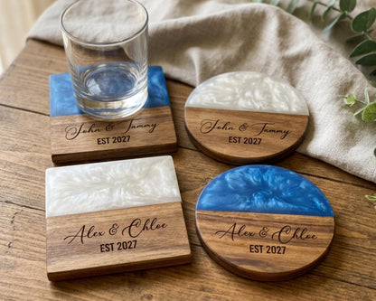 Set of acacia and pearl resin coasters engraved with names and a year