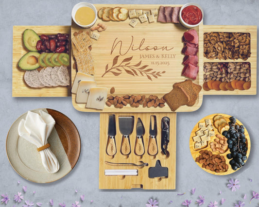 Personalized Bamboo Charcuterie Board with Utensils  Drawers  Engraved Holiday Gift for Family  Friends