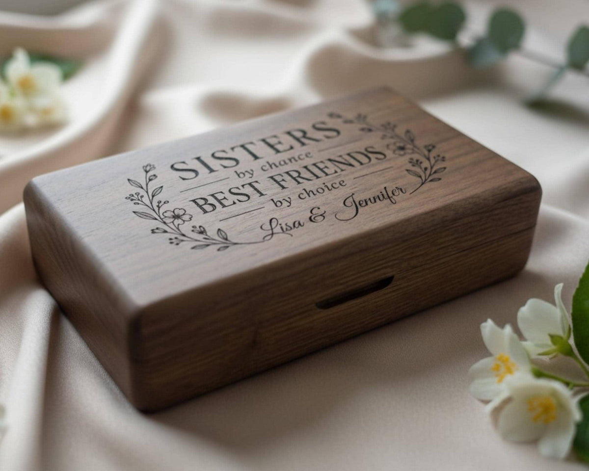 A wooden box with the text "SISTERS by chance by best friends by choice" engraved on it, along with the names "Anna & Jennifer" below. The box is placed on a fabric surface, with some white flowers visible in the background.