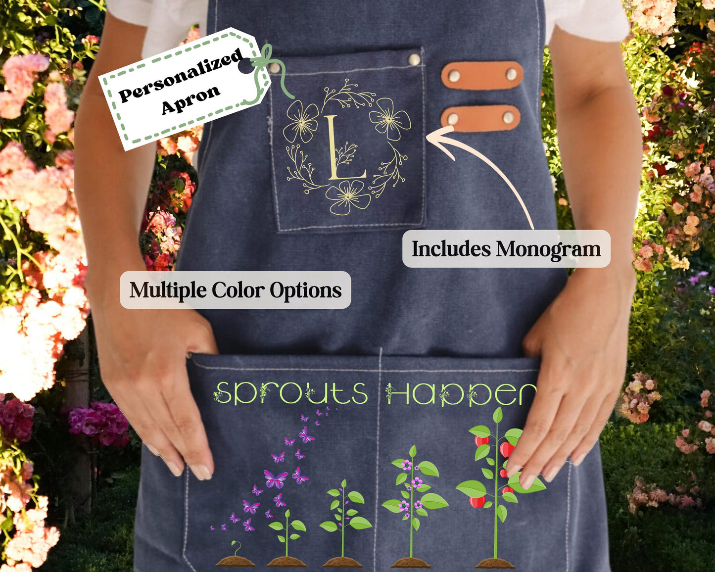 Personalized "Sprouts Apron" Gardening Canvas Apron, Monogram Apron, Gardening Apron with Adjustable Straps, Garden Apron with Pockets