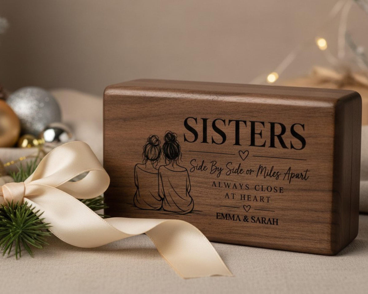 A wooden box with a ribbon and a decorative element, possibly a Christmas ornament, on a table.