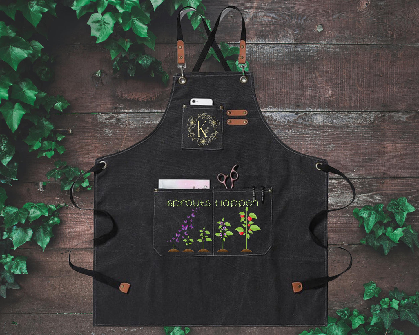 Personalized "Sprouts Apron" Gardening Canvas Apron, Monogram Apron, Gardening Apron with Adjustable Straps, Garden Apron with Pockets