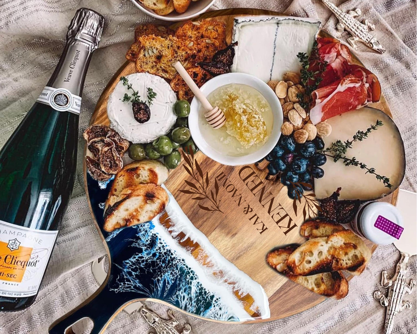 Luxury Acacia Wood Ocean Resin Cutting Board • Personalized Charcuterie Board • Custom Wedding or Housewarming Gift