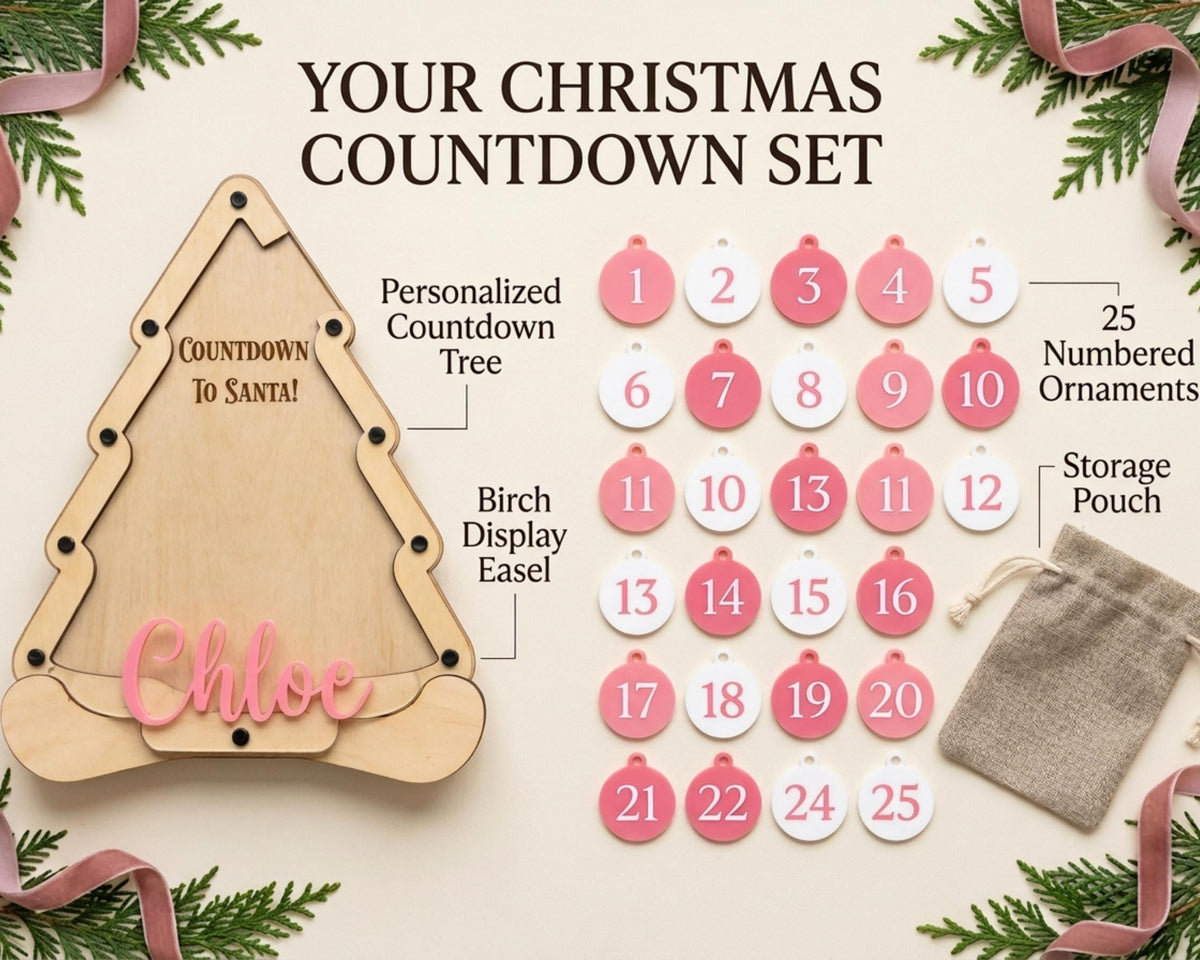 a personalized Christmas countdown set, including a wooden countdown tree, numbered ornaments, and a storage pouch.