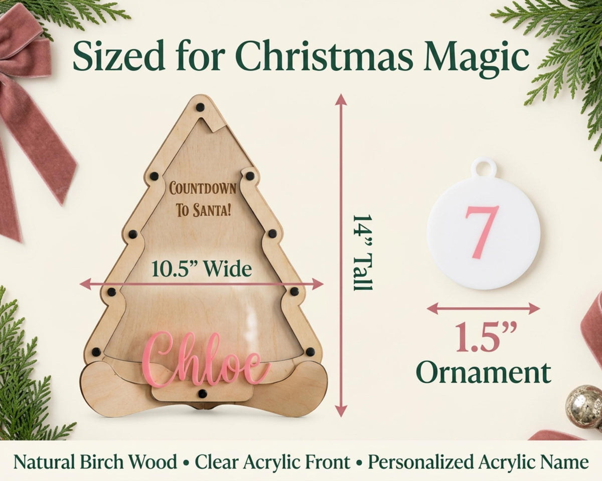 The image is a product advertisement for a Christmas-themed ornament. It features a wooden ornament labeled "Chloe" and provides measurements for the ornament, including a 14" tall wooden tree and a 15" ornament. The ad also includes a description of the product as a "Natural Birch Wood Clear Acrylic Front Personalized Acrylic Name".
