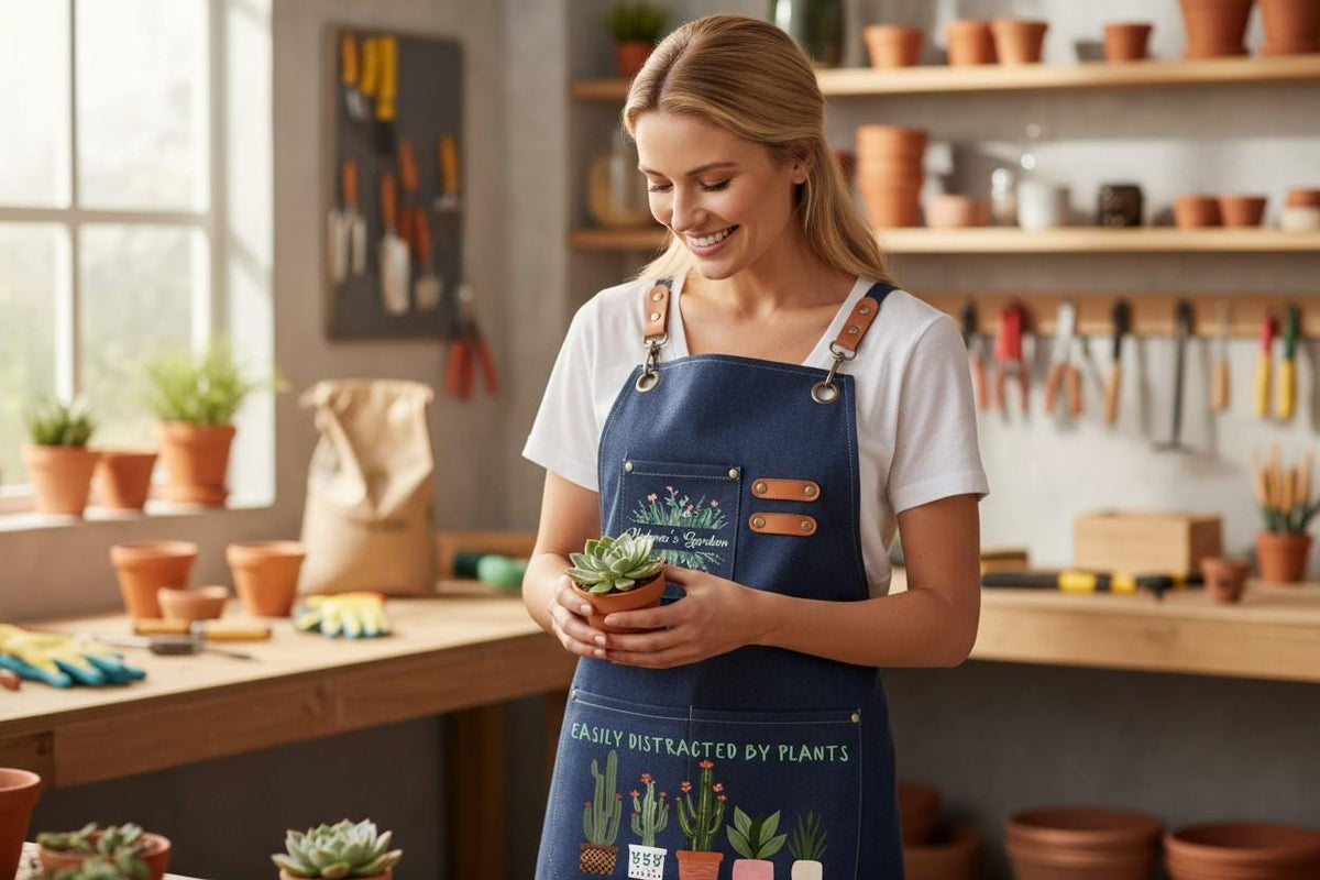 A smiling woman in a navy canvas apron with leather straps holding a potted plant in a garden workshop
