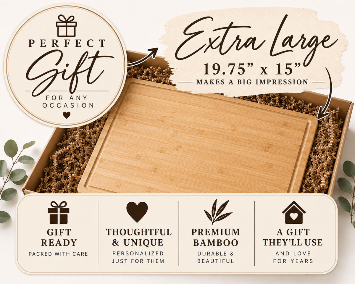 The image is a promotional graphic for a large wooden gift box, highlighting its features and benefits.
