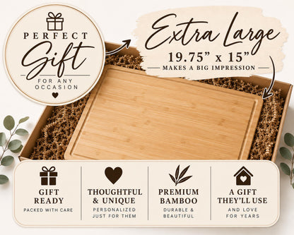 The image is a promotional graphic for a large wooden gift box, highlighting its features and benefits.