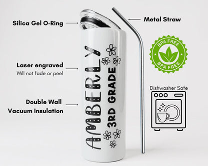 Custom Teacher Tumbler 20oz White Stainless Steel Cup with Name, Grade or Custom Text