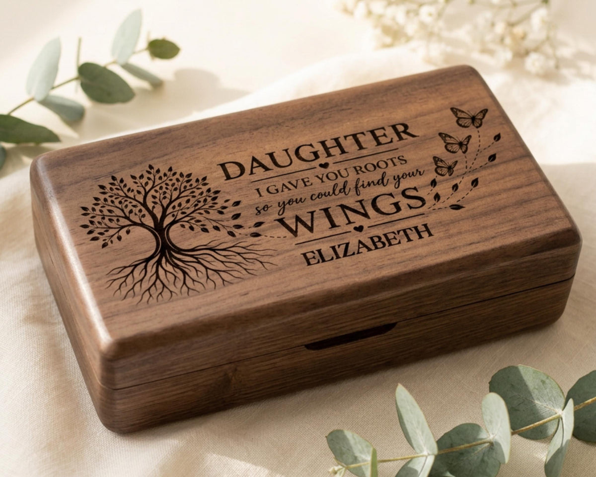 A wooden box with a tree design and text engraved on it, placed on a white cloth with greenery.