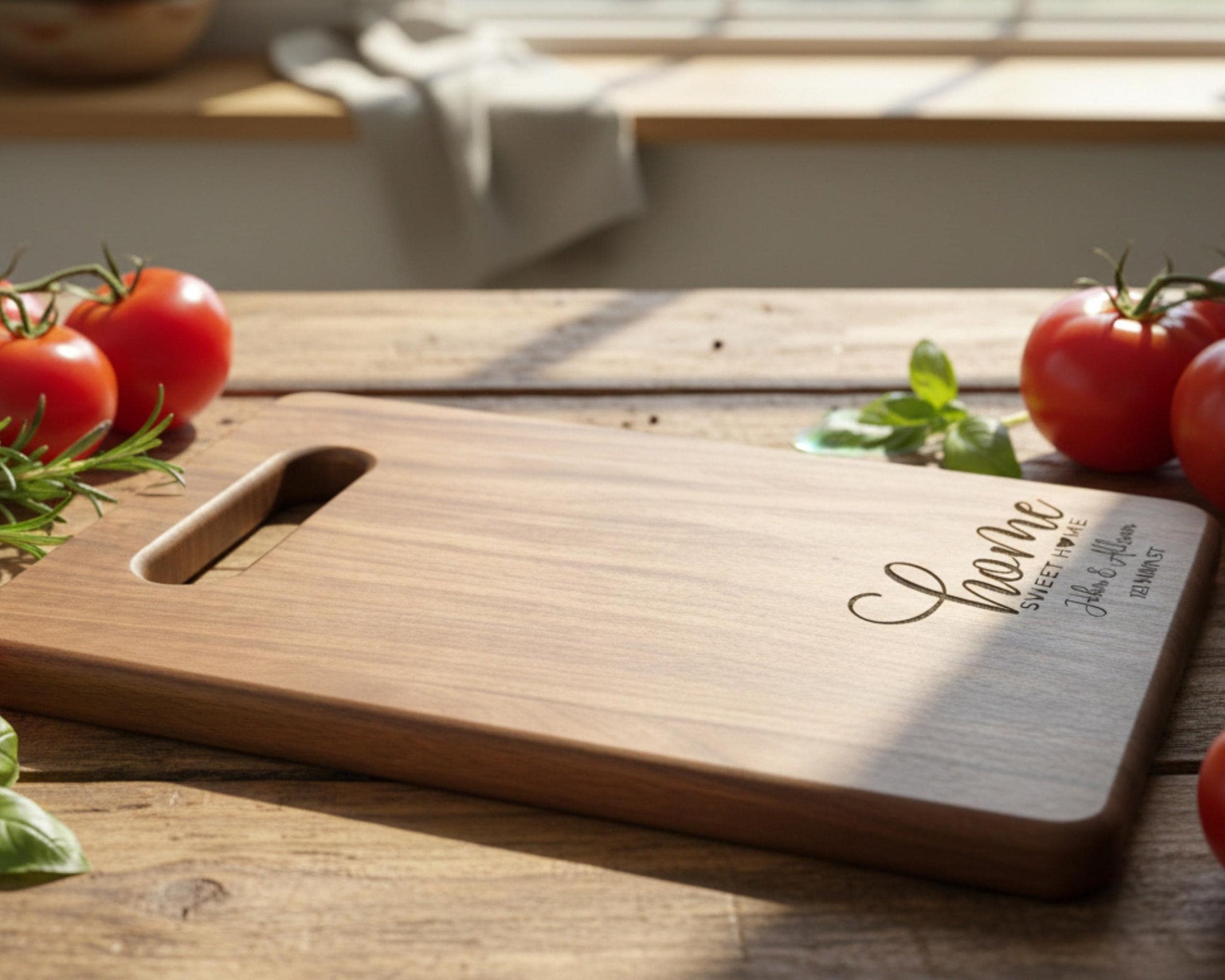 A wooden cutting board with a personalized message engraved on it, surrounded by fresh tomatoes and herbs on a wooden table.