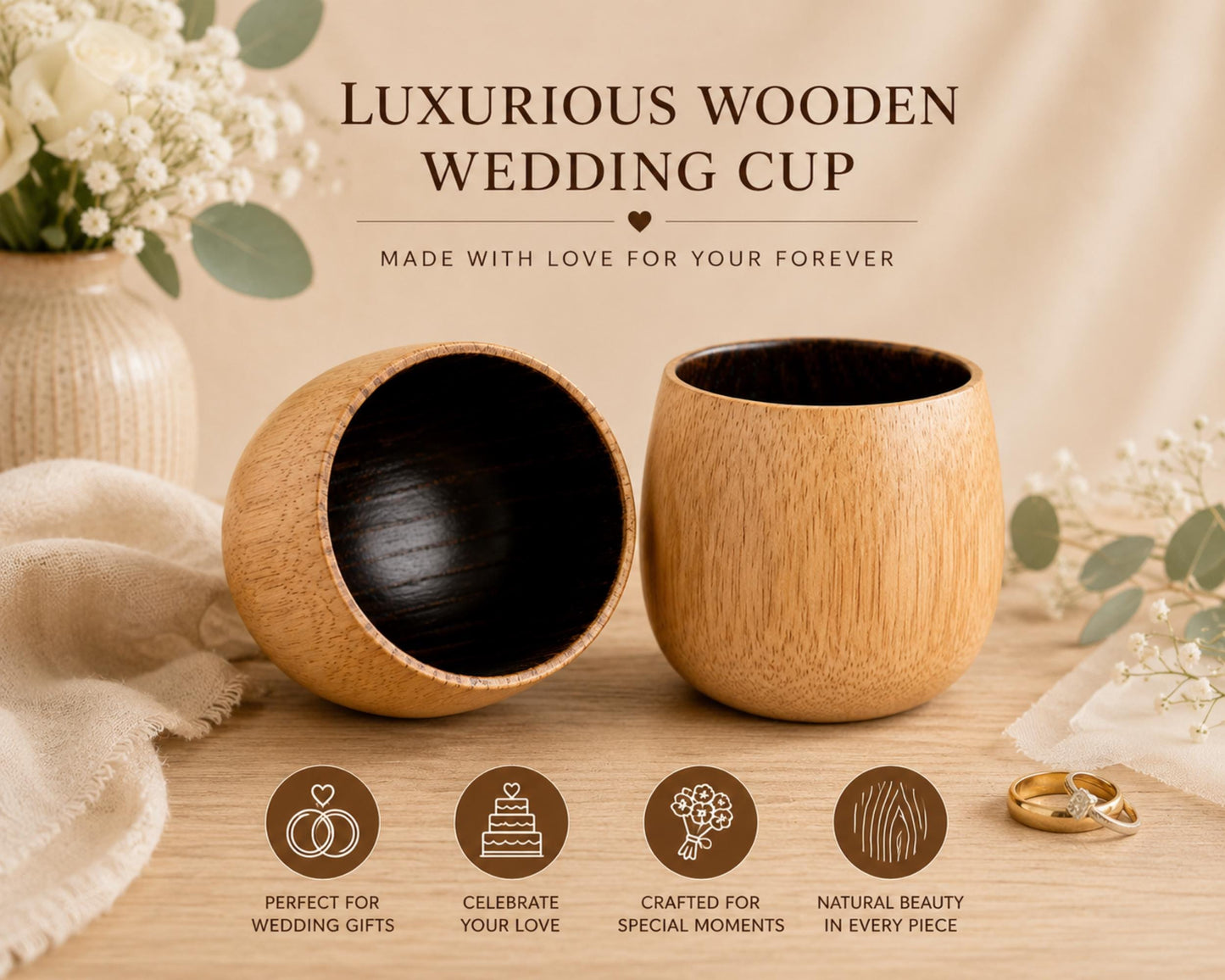 a wooden wedding cup with a vase of white flowers in the background, along with some text and icons highlighting the cup's luxurious wooden material and the craftsmanship involved in creating it.