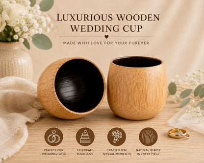 a wooden wedding cup with a vase of white flowers in the background, along with some text and icons highlighting the cup's luxurious wooden material and the craftsmanship involved in creating it.
