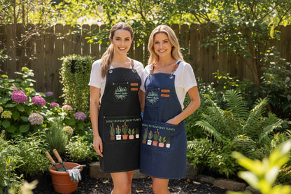 Two women in a garden wearing navy canvas aprons with leather straps and a personalized plant-themed design