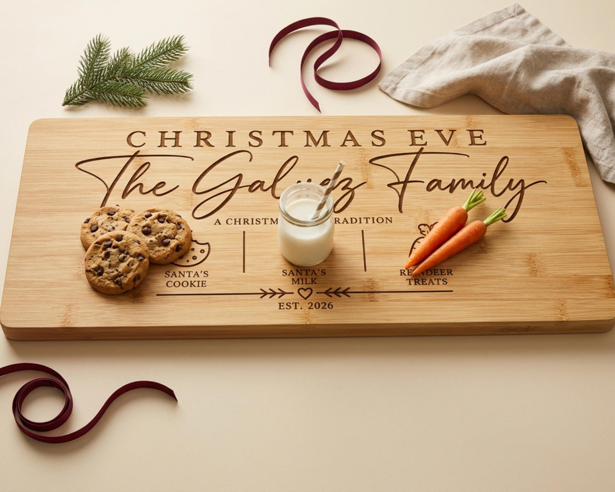 A wooden cutting board with the text "CHRISTMAS Eve The Galiz Family" carved into it, along with a glass of milk, a cookie, and a carrot.