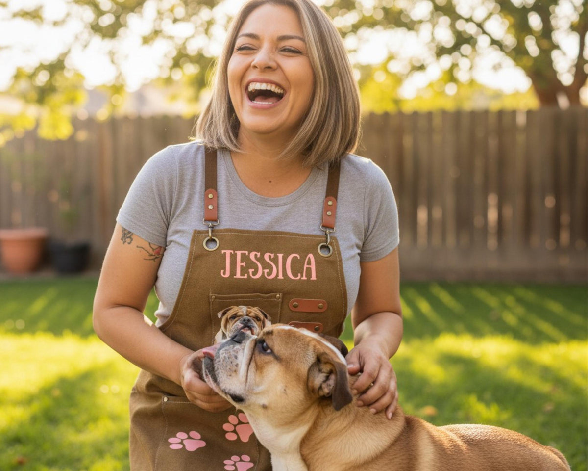 A woman wearing a gray shirt with the name "JESSICA" and a brown apron is laughing and petting a brown and white dog in a backyard setting.