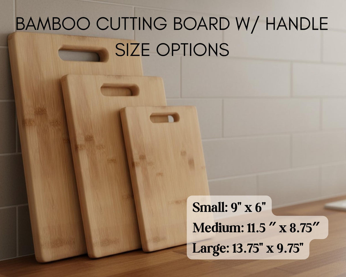 a set of three wooden cutting boards, each with a handle, arranged on a wooden surface against a tiled wall.