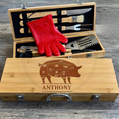 Engraved BBQ Gift Set In Wooden Case