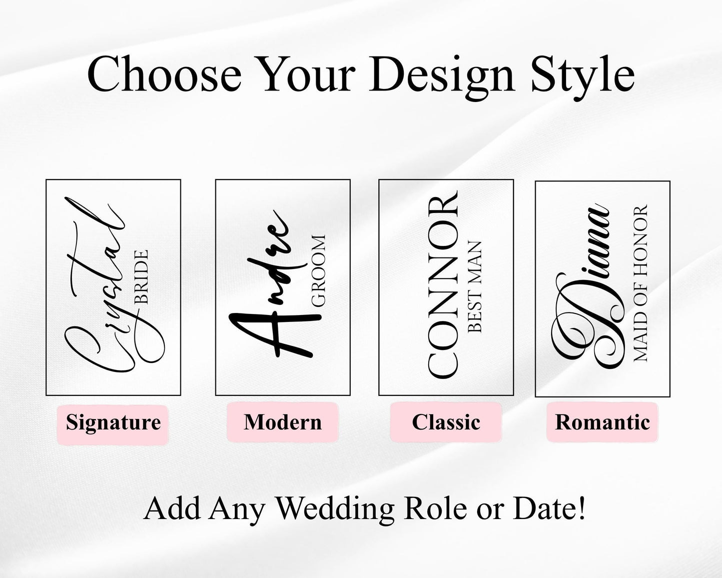 four different wedding-related design styles, each with a unique name and color, along with a prompt to add a wedding role or date.