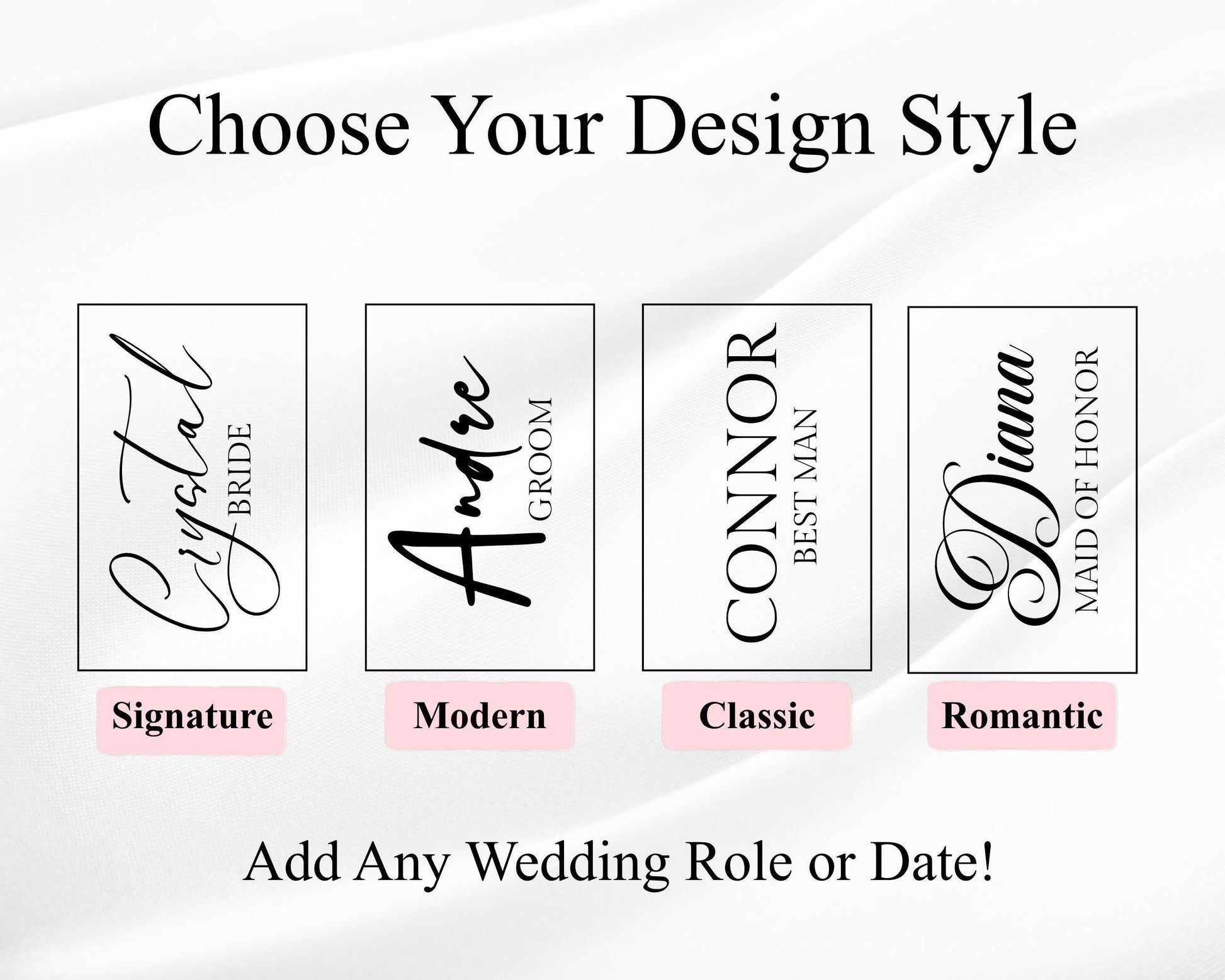four different wedding-related design styles, each with a unique name and color, along with a prompt to add a wedding role or date.