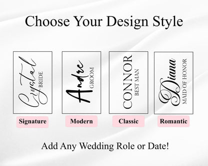 four different wedding-related design styles, each with a unique name and color, along with a prompt to add a wedding role or date.