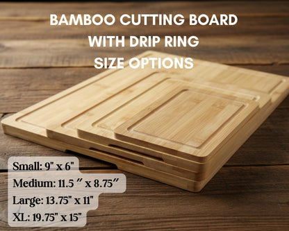 a wooden cutting board with three different sizes, including a small, medium, and large version, as well as a bamboo cutting board with a drip ring.