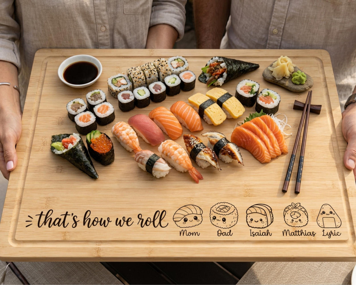 A wooden cutting board with various sushi rolls, including salmon, tuna, and other types of sushi, along with chopsticks and a bowl of soy sauce.