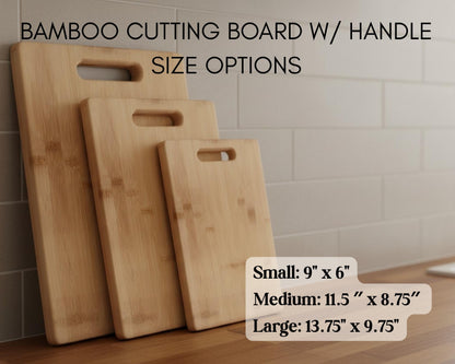 a set of three wooden cutting boards, each with a handle, arranged on a wooden surface against a tiled wall.