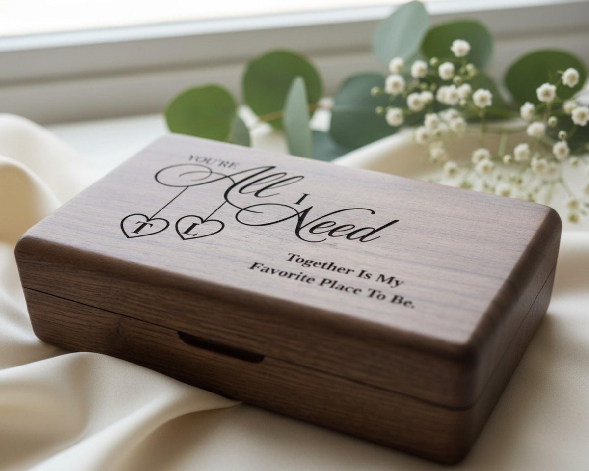 A wooden box with a decorative design and text on it, placed on a white cloth near some greenery.