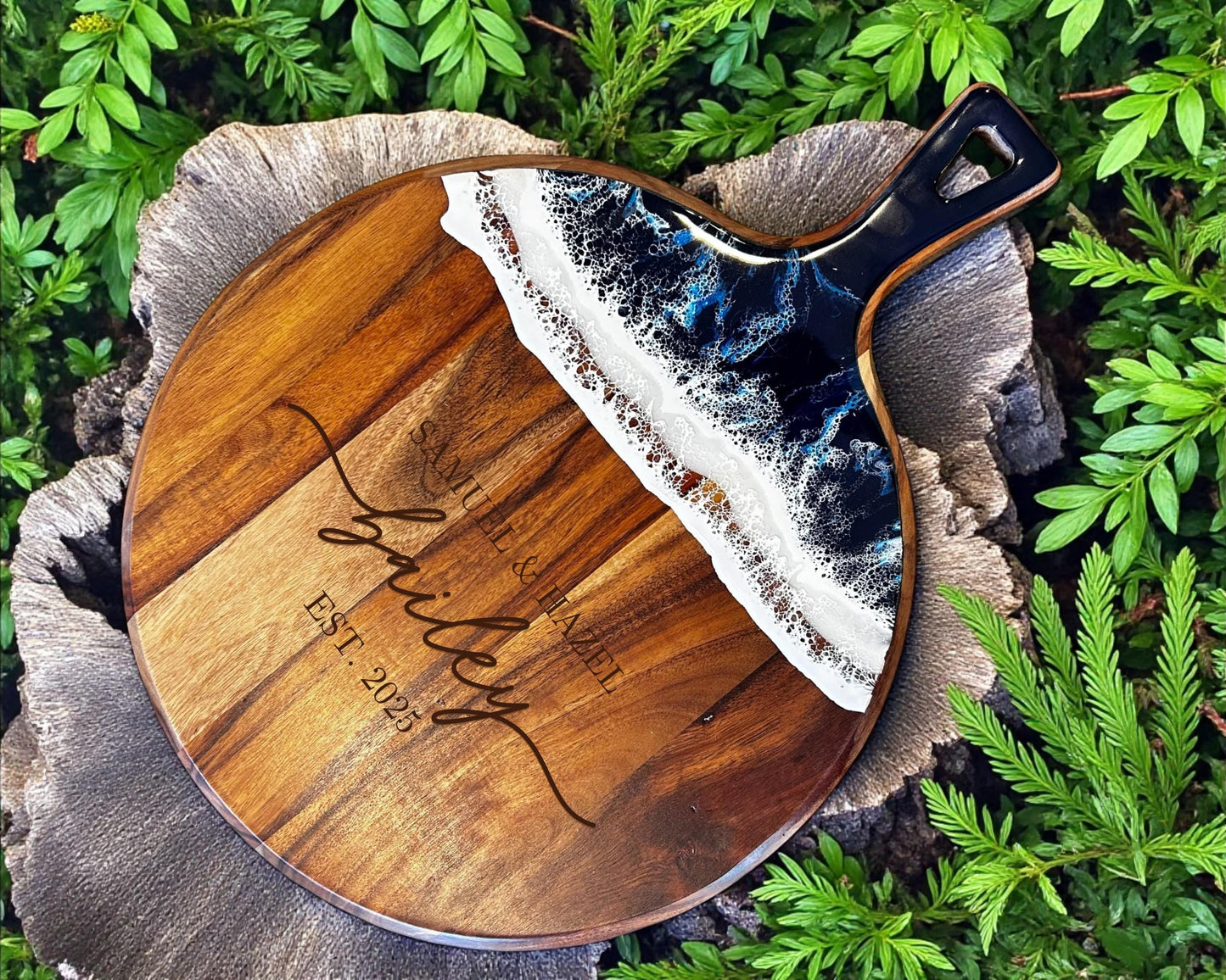 Luxury Acacia Wood Ocean Resin Cutting Board • Personalized Charcuterie Board • Custom Wedding or Housewarming Gift