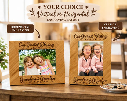 two wooden picture frames, each with a photo of two young girls inside. The frames are labeled with the names "Grandma & Grandpa" and "Our Greatest Blessings Call Us", suggesting they are personalized gifts for these individuals.
